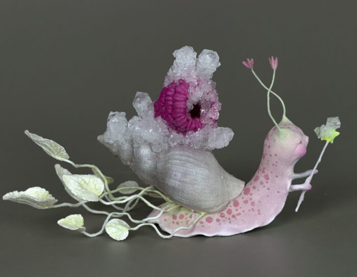 “Slow Magic” | Pink Crystallized Sculpture THE WHISPERS BEHIND THE MAGIC DOOR Collection. Fantasy art by Svetlana Matveeva. Surreal mixed media sculpture | Sculpted from Cosclay