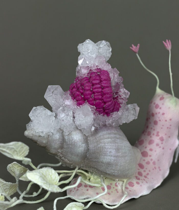 “Slow Magic” | Pink Crystallized Sculpture THE WHISPERS BEHIND THE MAGIC DOOR Collection. Fantasy art by Svetlana Matveeva. Surreal mixed media sculpture | Sculpted from Cosclay