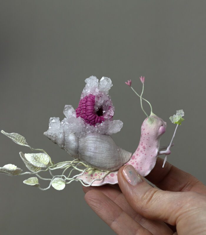 “Slow Magic” | Pink Crystallized Sculpture THE WHISPERS BEHIND THE MAGIC DOOR Collection. Fantasy art by Svetlana Matveeva. Surreal mixed media sculpture | Sculpted from Cosclay